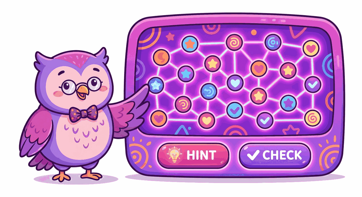 A friendly owl teacher beside a colorful reasoning puzzle board